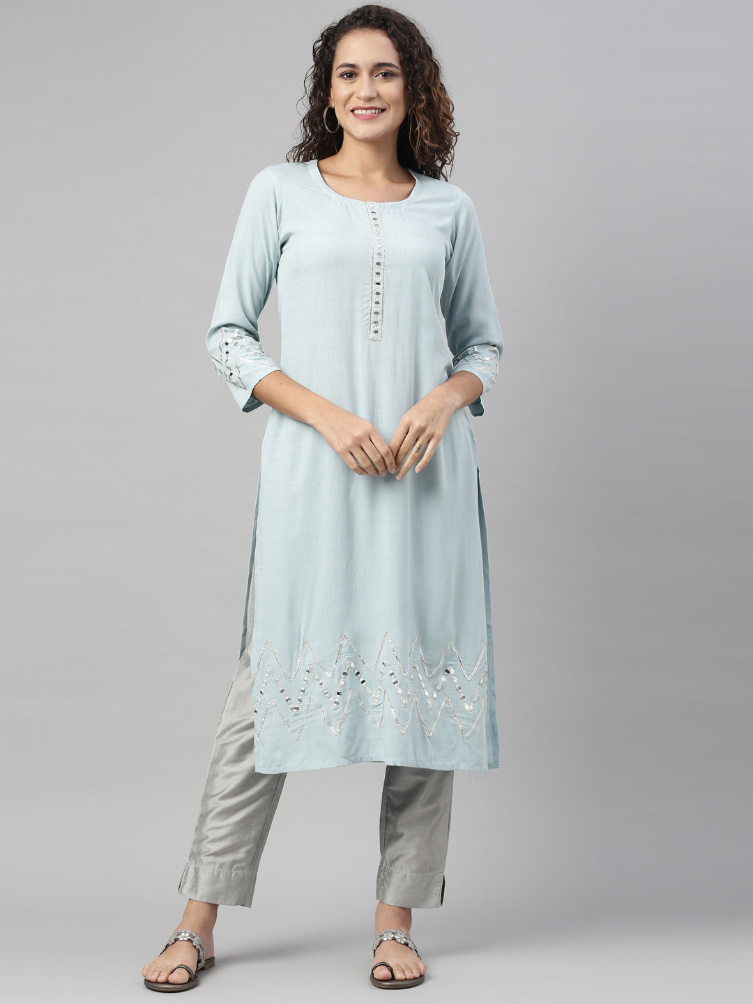Neerus Blue rayon solid kurti - back view