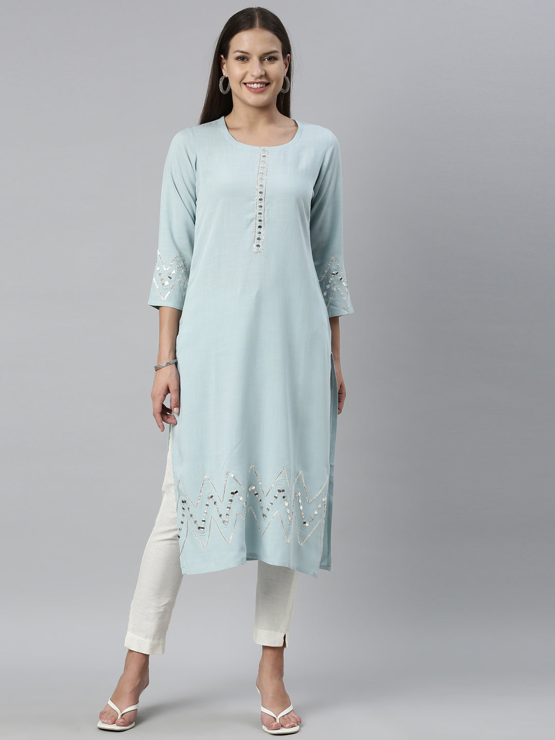 Neerus Blue rayon solid kurti - detail view 12