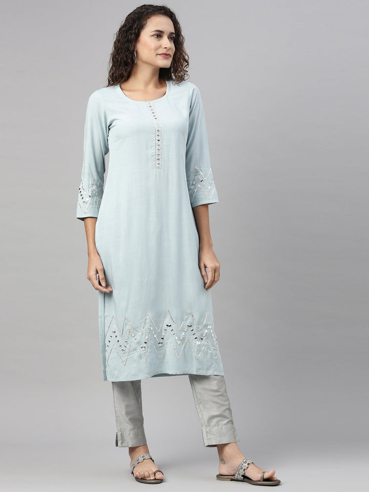 Neerus Blue rayon solid kurti - side view