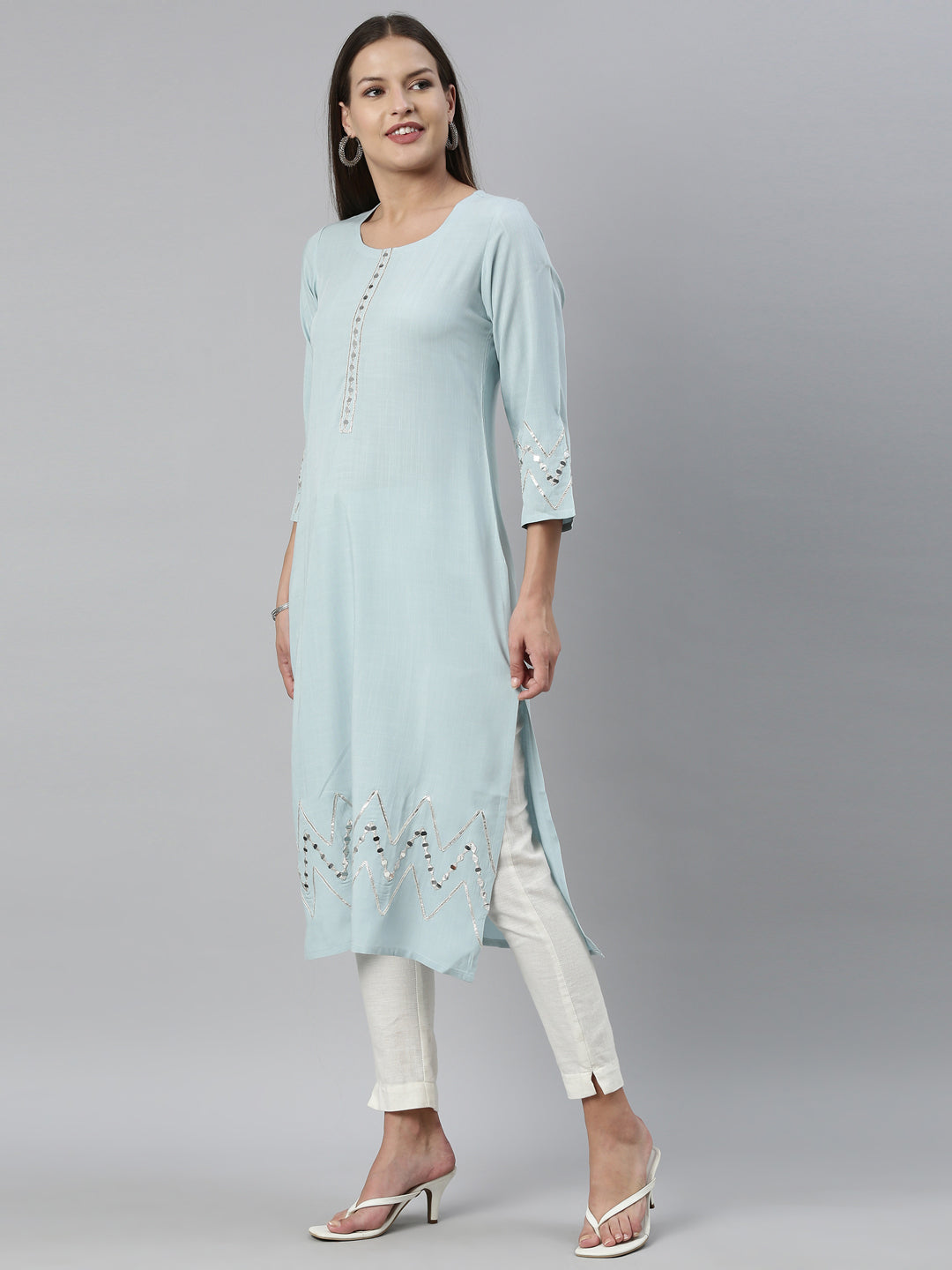 Neerus Blue rayon solid kurti - detail view 6