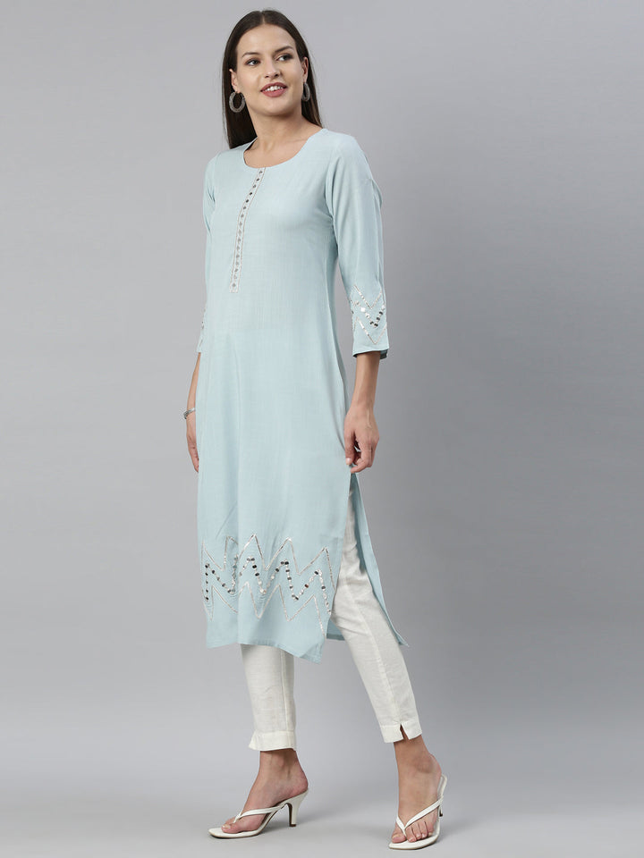 Neerus Blue rayon solid kurti - detail view 6