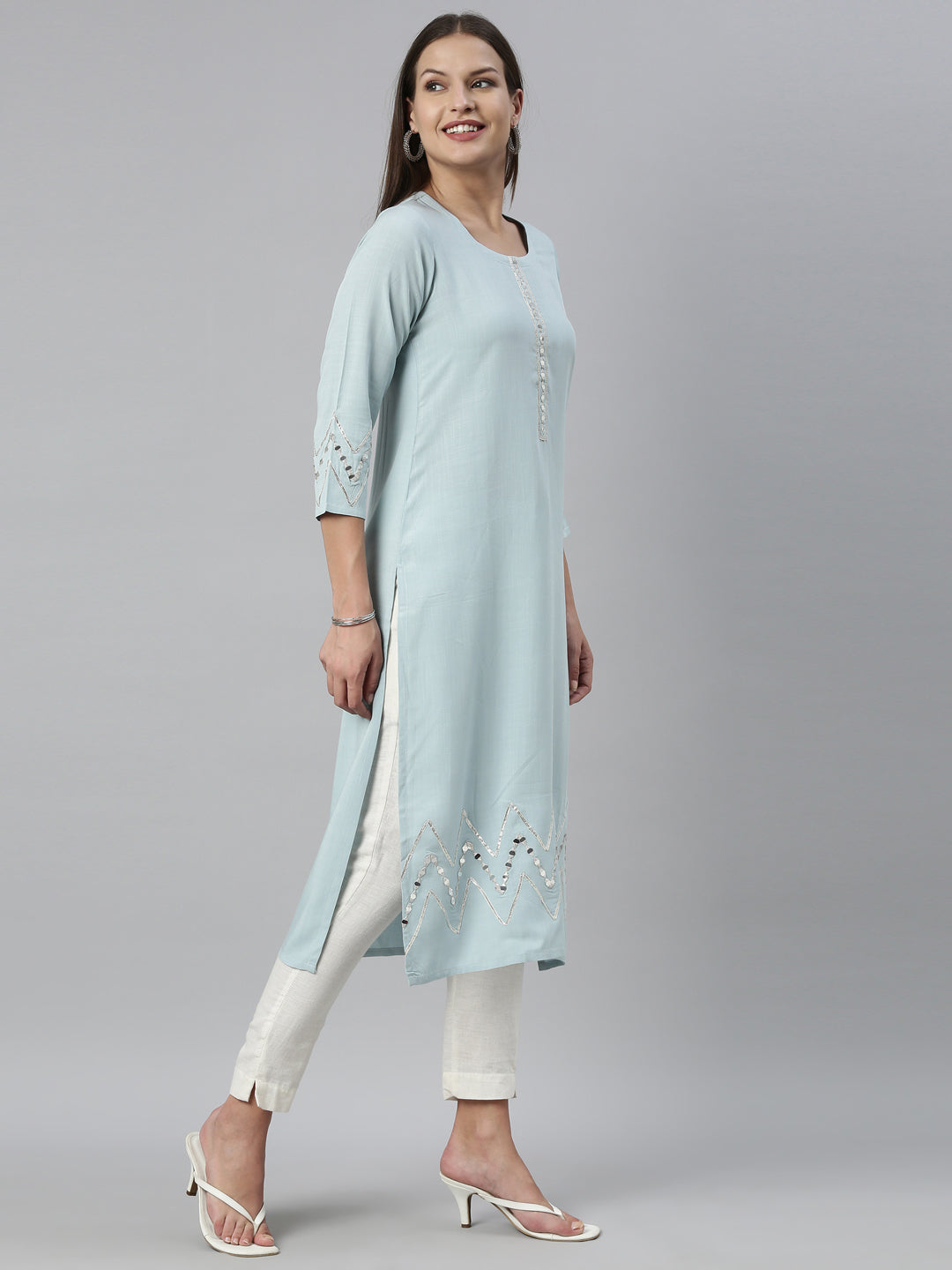 Neerus Blue rayon solid kurti - detail view 7