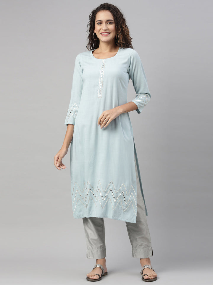 Neerus Blue rayon solid kurti - detail view 2