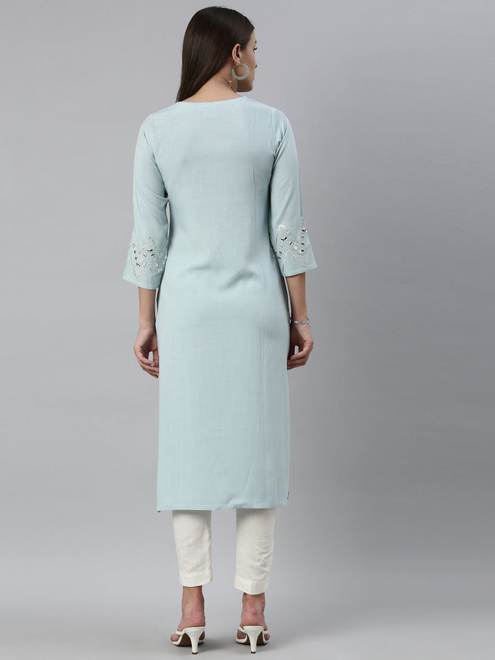 Neerus Blue rayon solid kurti - detail view 8