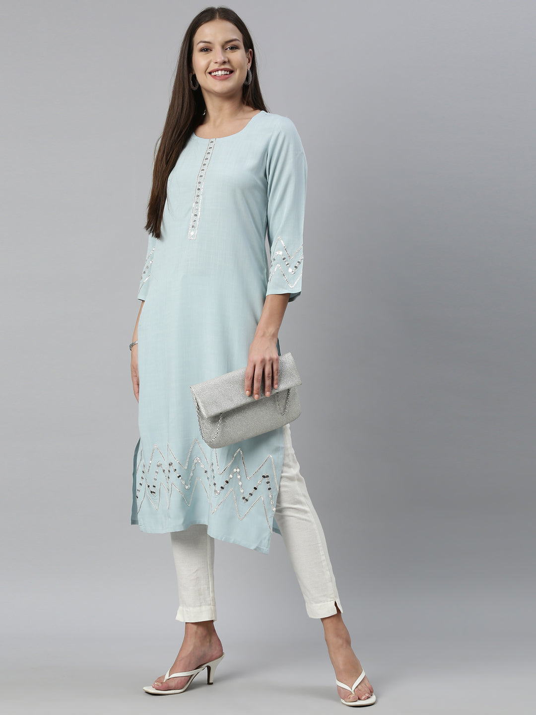 Neerus Blue rayon solid kurti - detail view 9