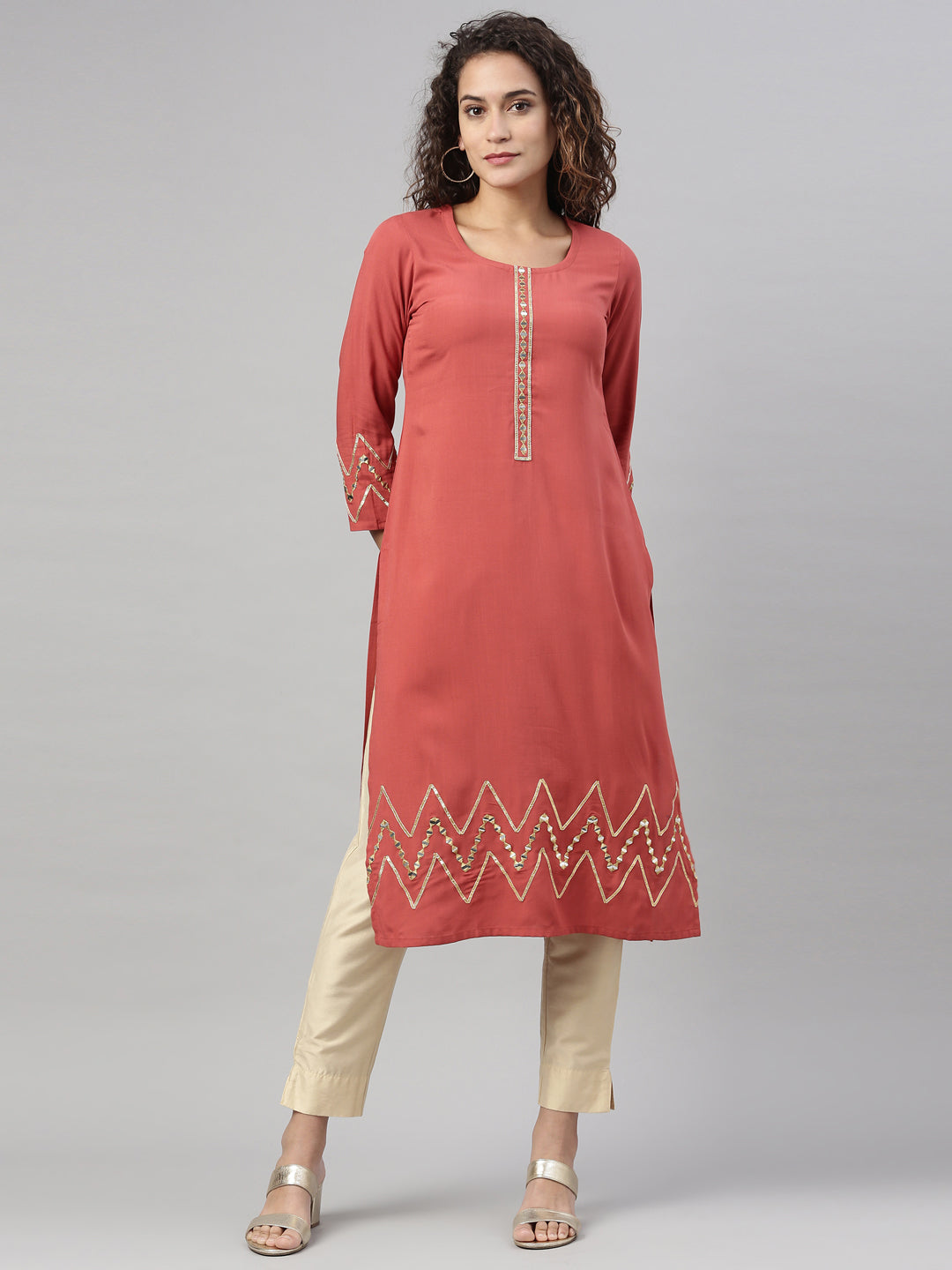 Neerus Orange Viscose Rayon Thread Embroidered Straight Kurta - detail view 4