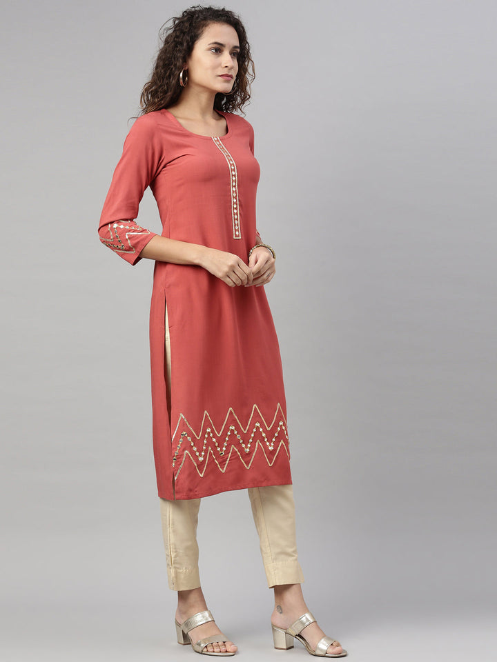 Neerus Orange Viscose Rayon Thread Embroidered Straight Kurta - front view