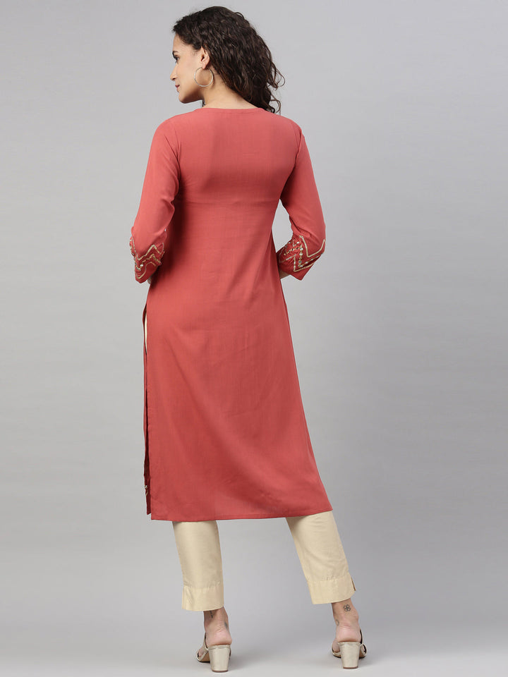 Neerus Orange Viscose Rayon Thread Embroidered Straight Kurta - back view