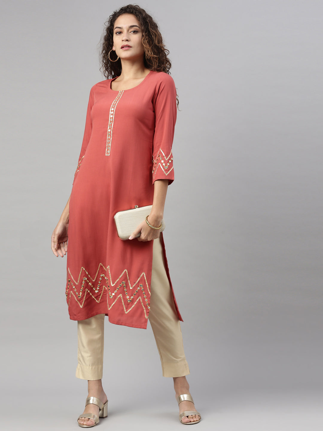 Neerus Orange Viscose Rayon Thread Embroidered Straight Kurta - detail view 1