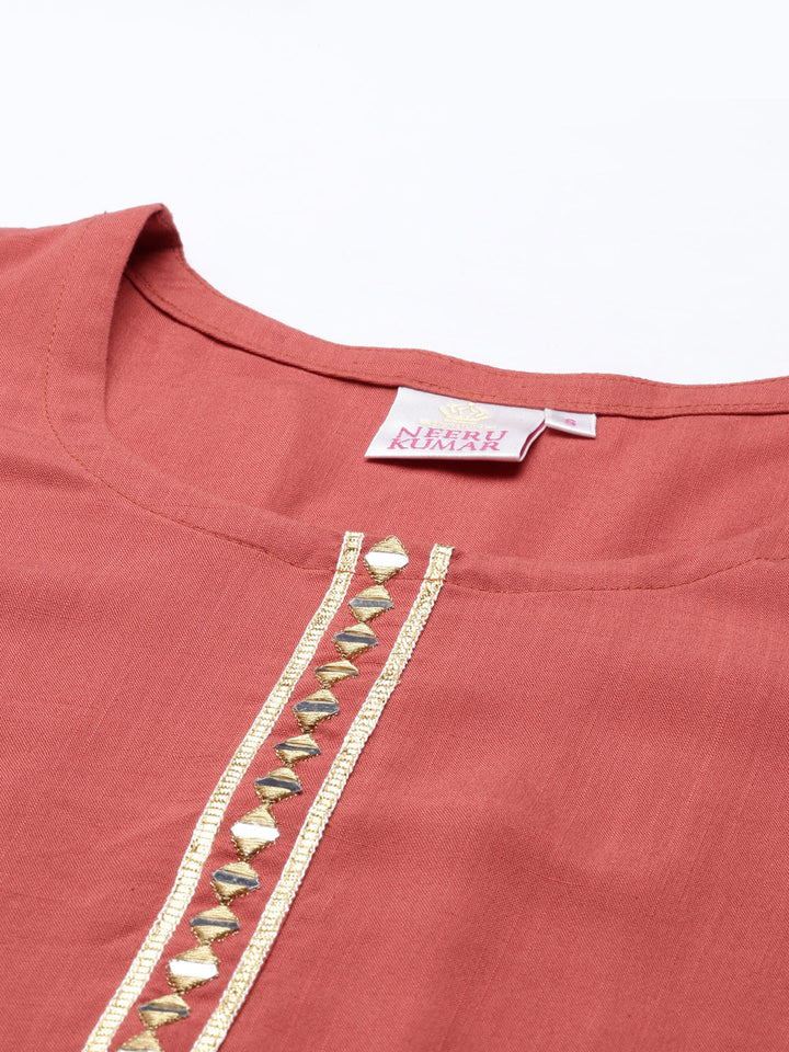 Neerus Orange Viscose Rayon Thread Embroidered Straight Kurta - detail view 2