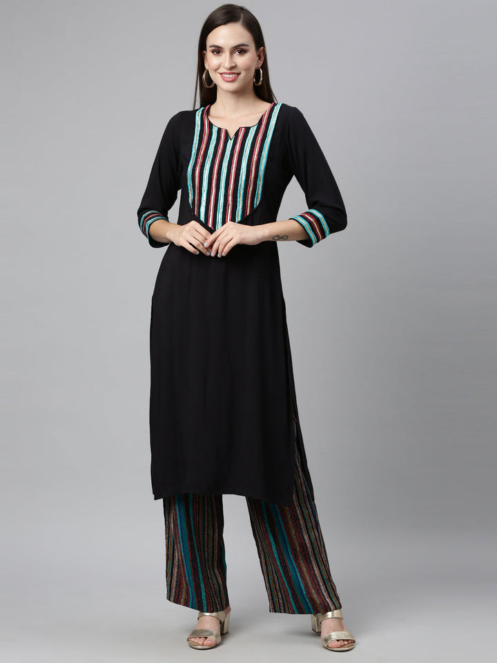 Neerus Black viscose rayon embellished kurta set - detail view 6