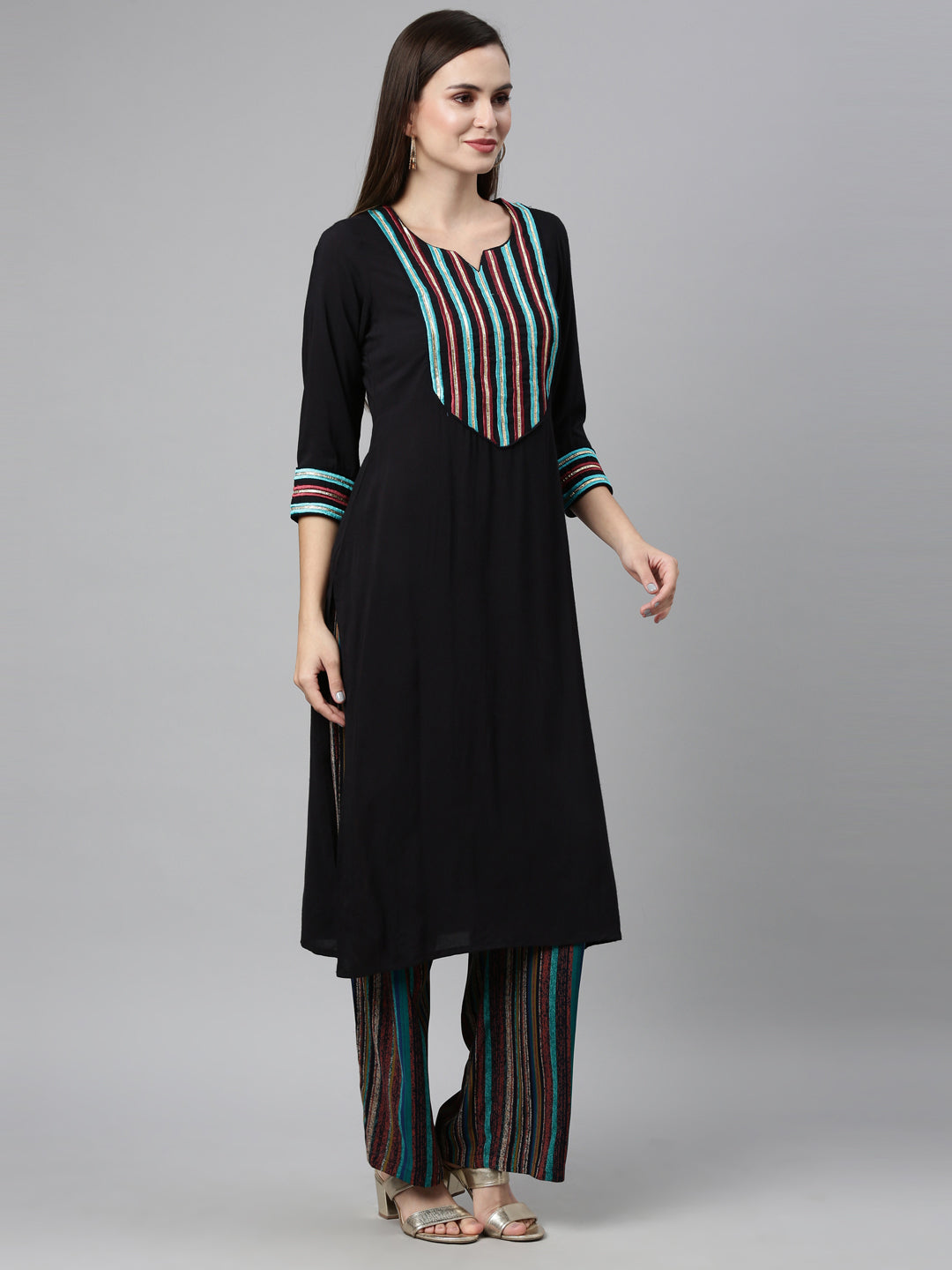 Neerus Black viscose rayon embellished kurta set - front view