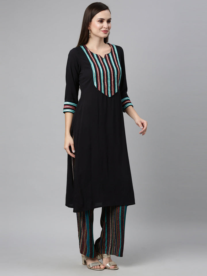 Neerus Black viscose rayon embellished kurta set - front view