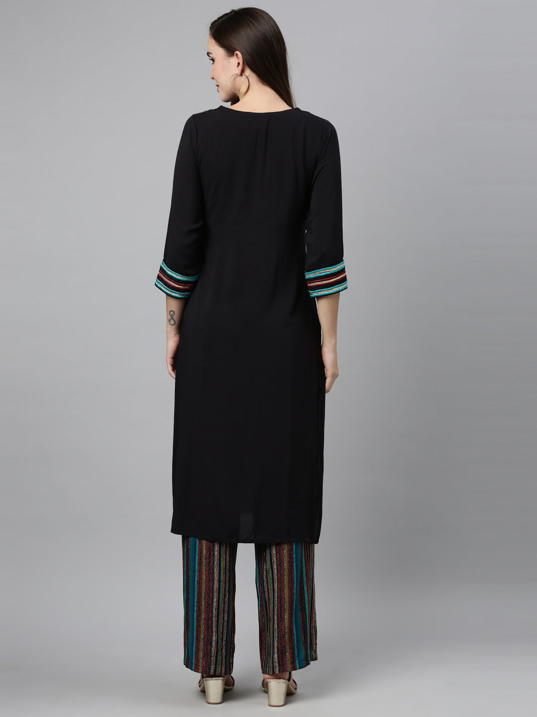 Neerus Black viscose rayon embellished kurta set - back view