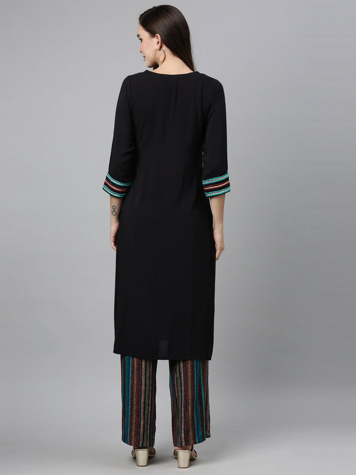 Neerus Black viscose rayon embellished kurta set - back view