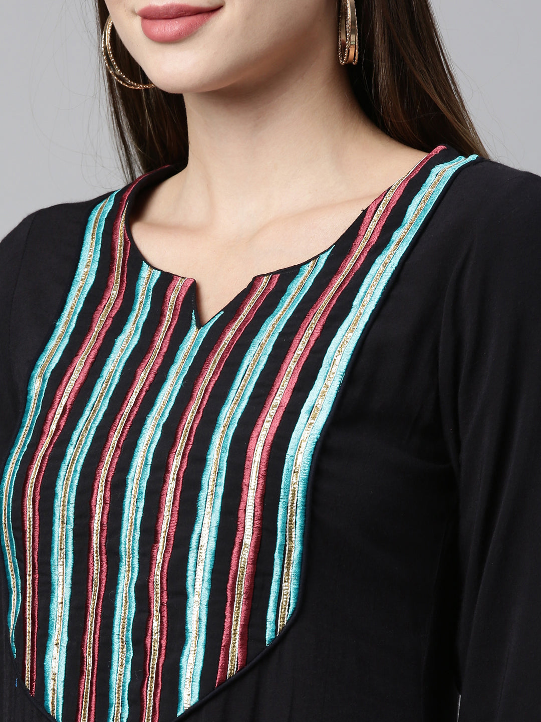 Neerus Black viscose rayon embellished kurta set - side view