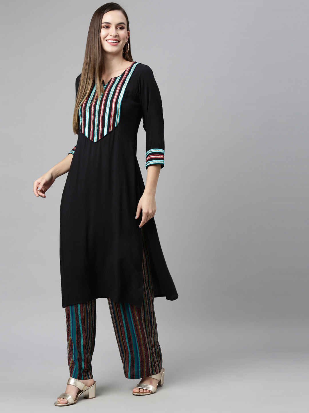 Neerus Black viscose rayon embellished kurta set - detail view 1