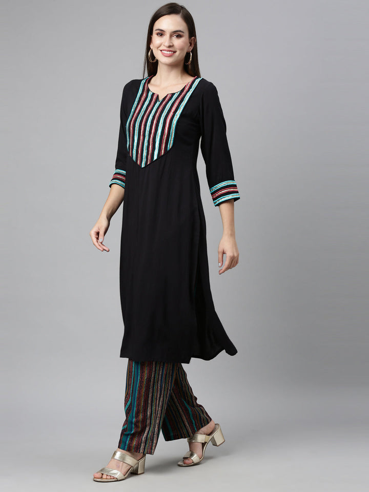 Neerus Black viscose rayon embellished kurta set - detail view 2