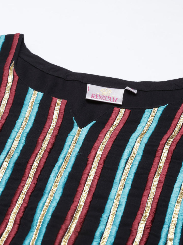 Neerus Black viscose rayon embellished kurta set - detail view 5