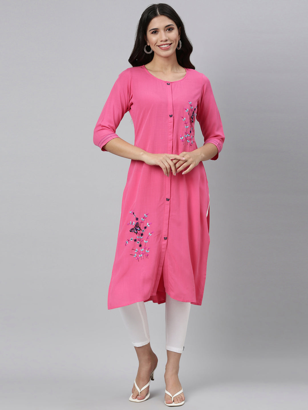Neerus Pink rayon hand embroidered kurta - detail view 5