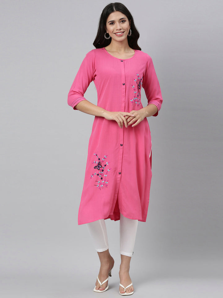 Neerus Pink rayon hand embroidered kurta - detail view 5