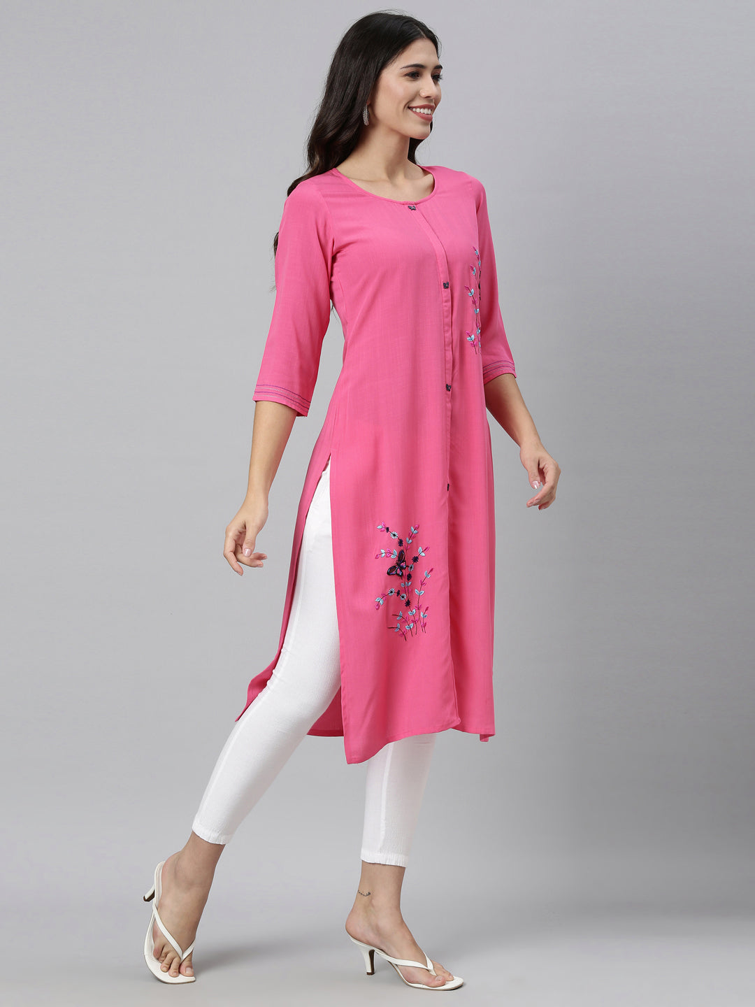 Neerus Pink rayon hand embroidered kurta - front view