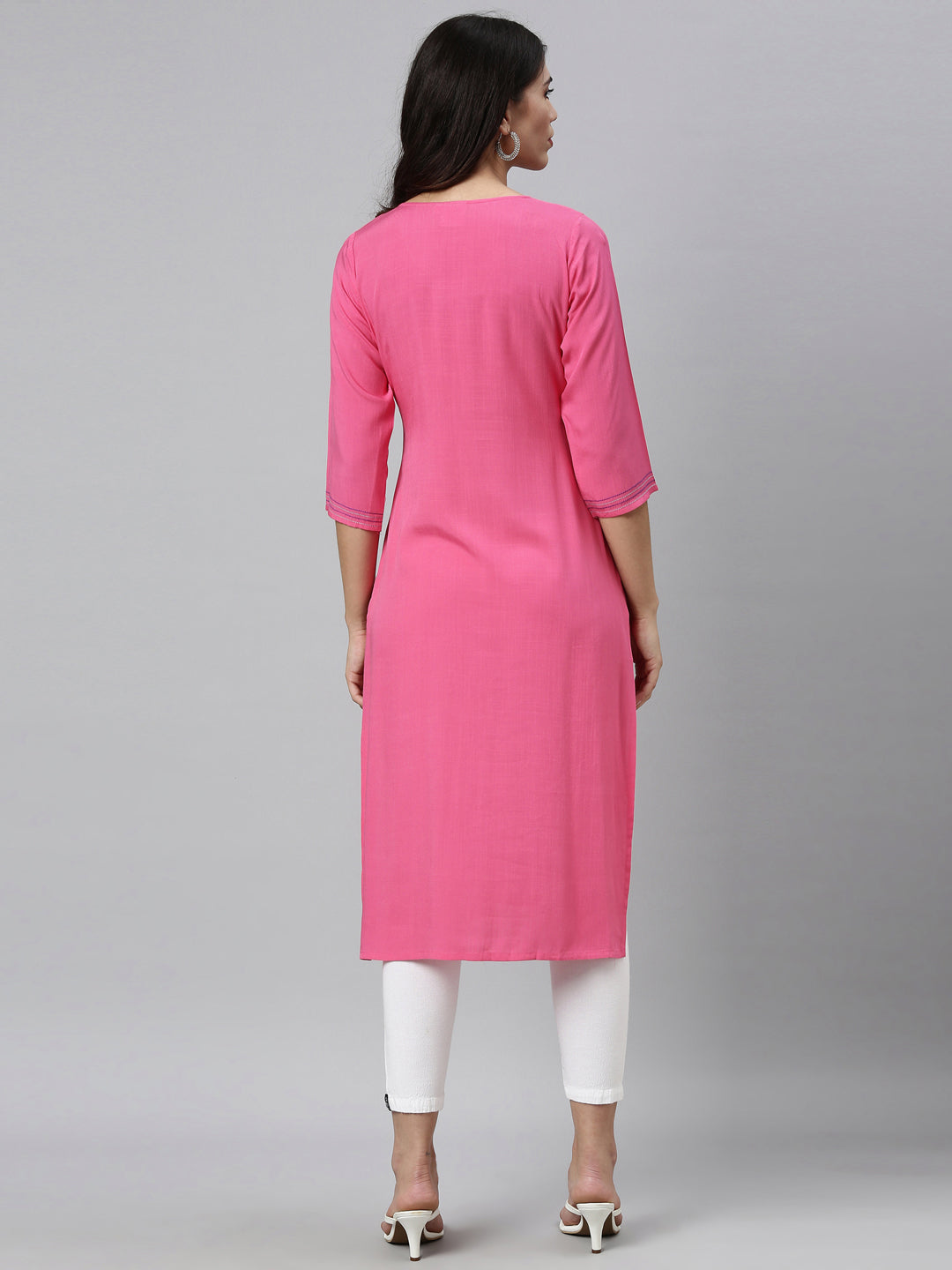 Neerus Pink rayon hand embroidered kurta - back view