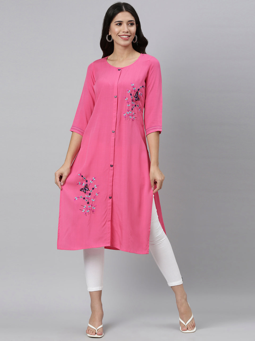 Neerus Pink rayon hand embroidered kurta - detail view 1