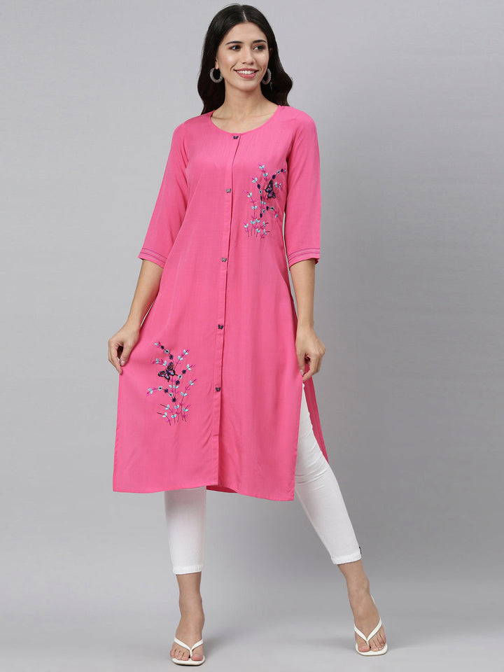 Neerus Pink rayon hand embroidered kurta - detail view 1