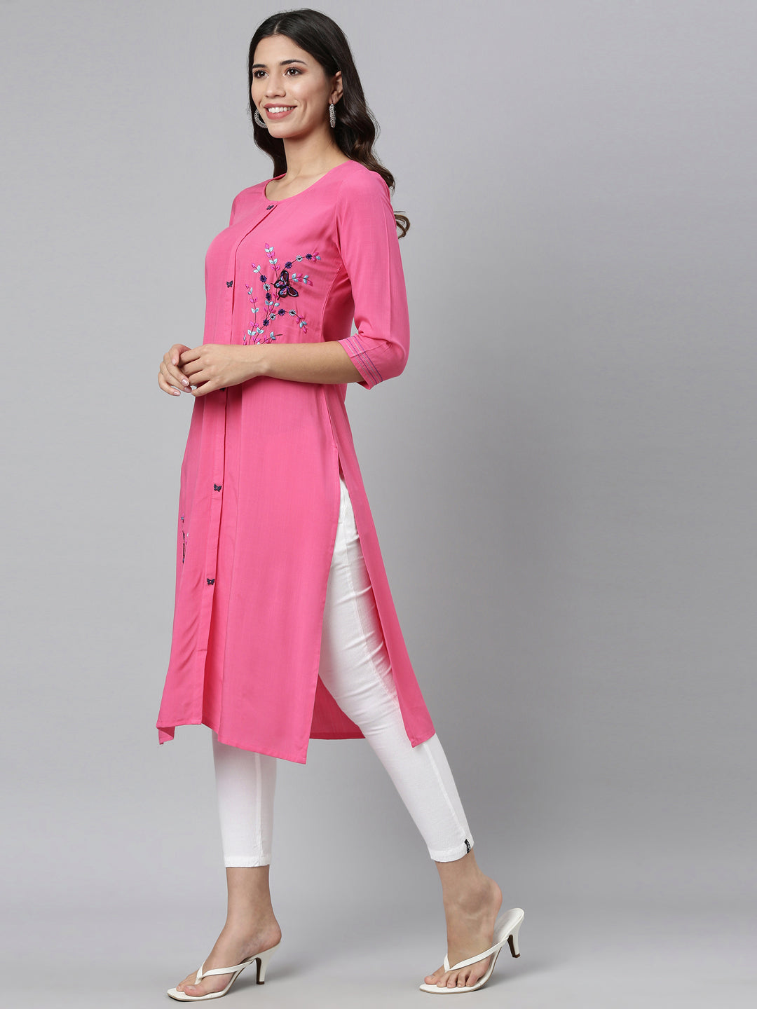 Neerus Pink rayon hand embroidered kurta - detail view 2