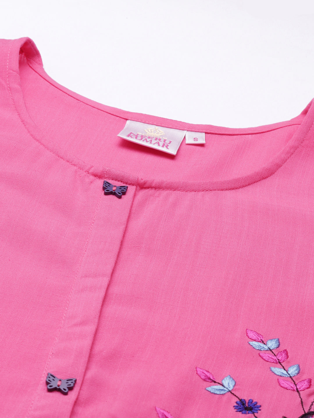 Neerus Pink rayon hand embroidered kurta - detail view 3