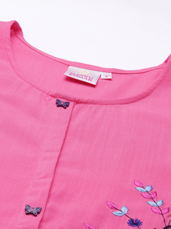 Neerus Pink rayon hand embroidered kurta - detail view 3