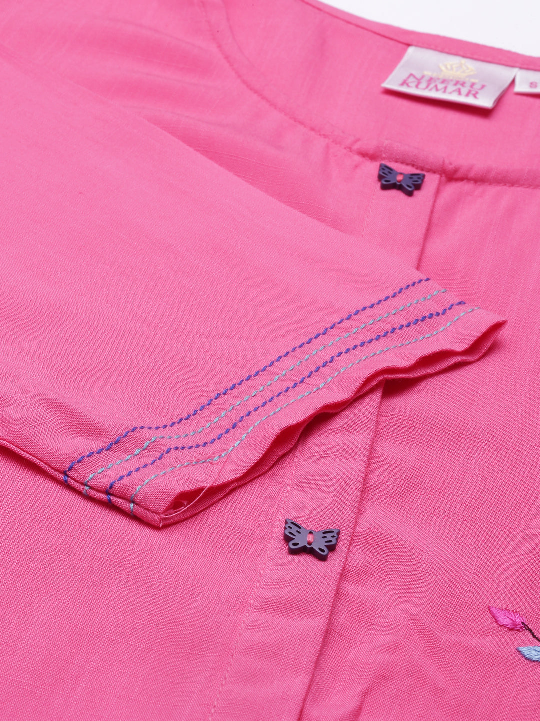 Neerus Pink rayon hand embroidered kurta - detail view 4
