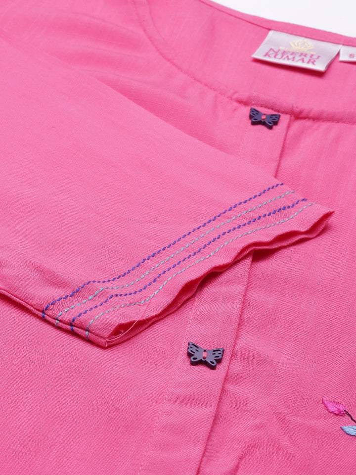 Neerus Pink rayon hand embroidered kurta - detail view 4
