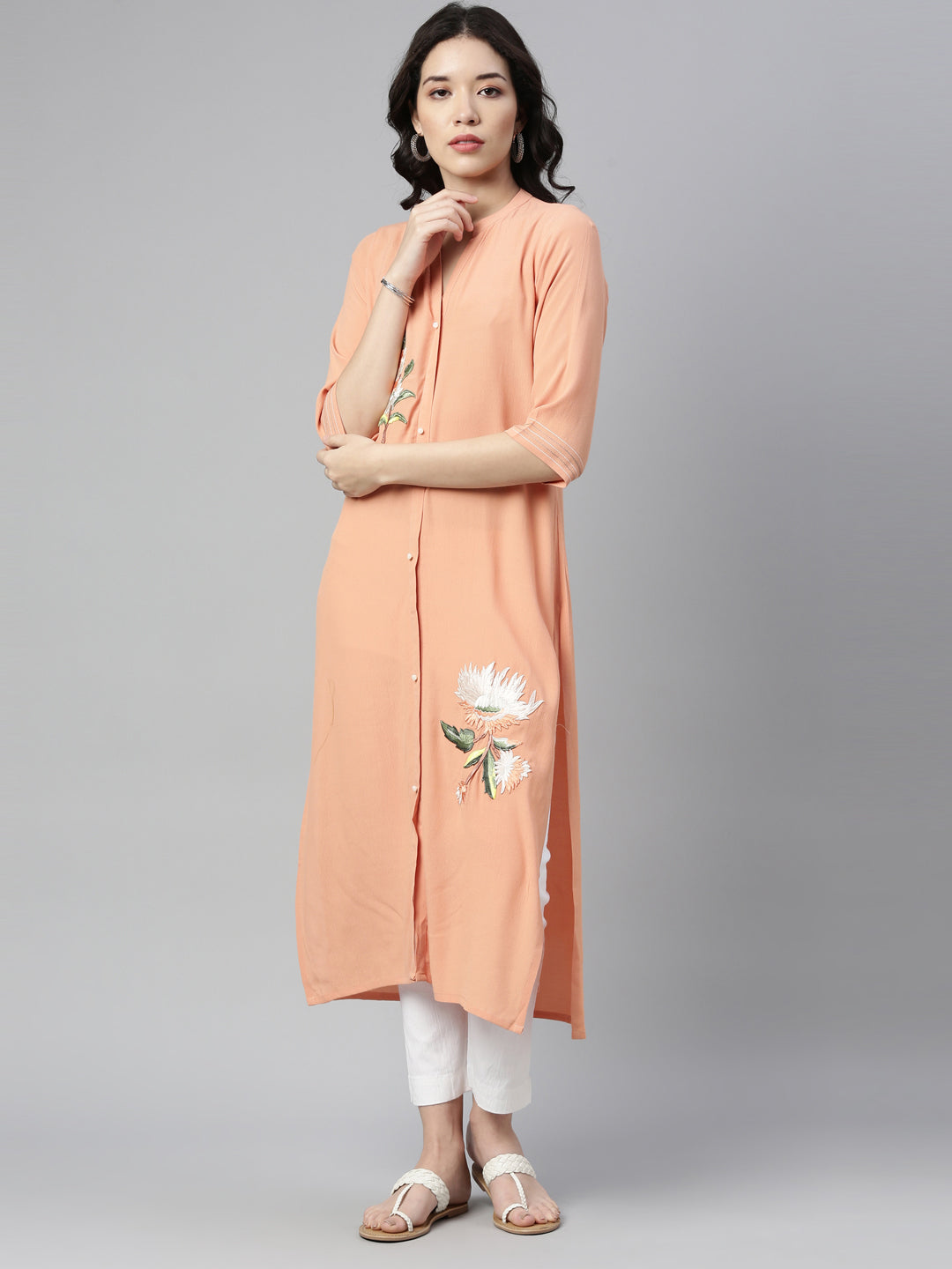 Neerus Orange chiffon solid straight kurta - detail view 4