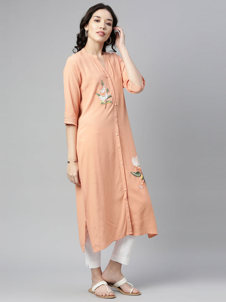Neerus Orange chiffon solid straight kurta - front view