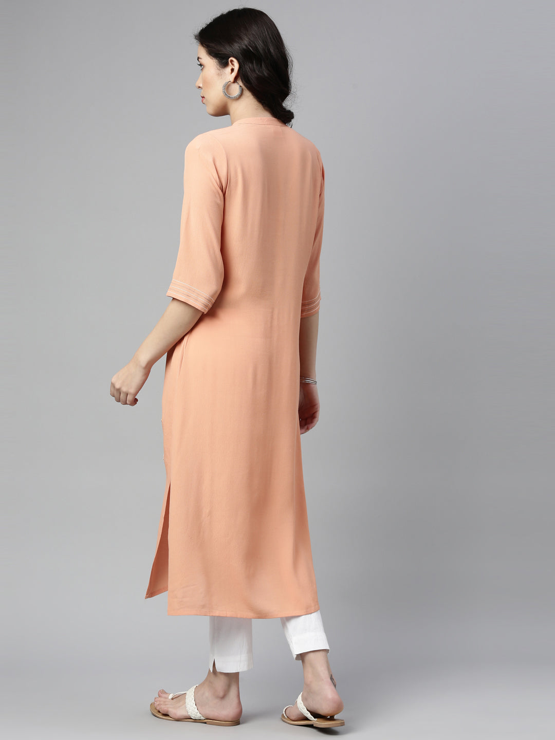 Neerus Orange chiffon solid straight kurta - back view
