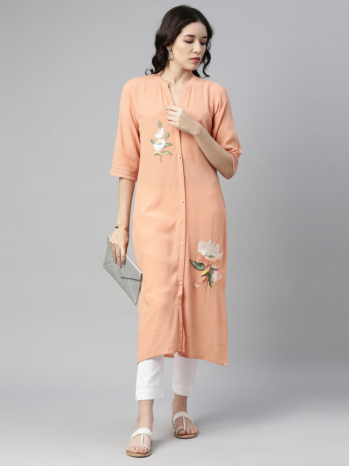 Neerus Orange chiffon solid straight kurta - detail view 1