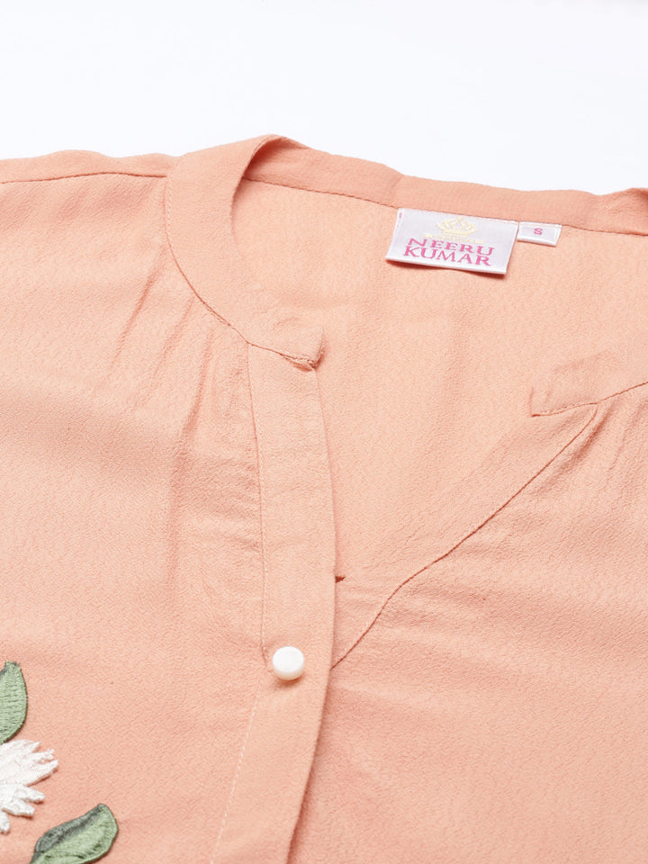 Neerus Orange chiffon solid straight kurta - detail view 2