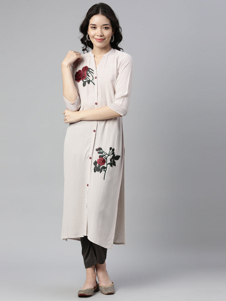 Neerus Beige chiffon solid straight kurti - detail view 4