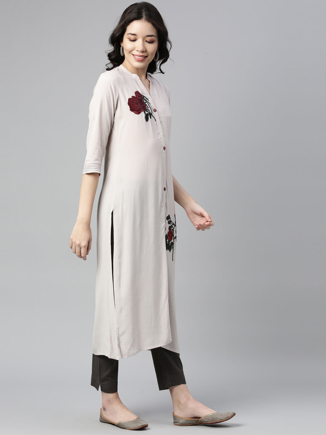 Neerus Beige chiffon solid straight kurti - front view