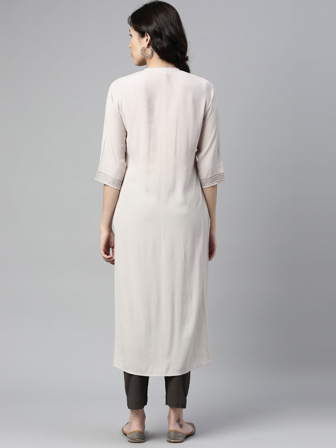 Neerus Beige chiffon solid straight kurti - back view