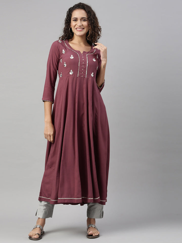 Neerus Maroon rayon mirror work kurti - detail view 4