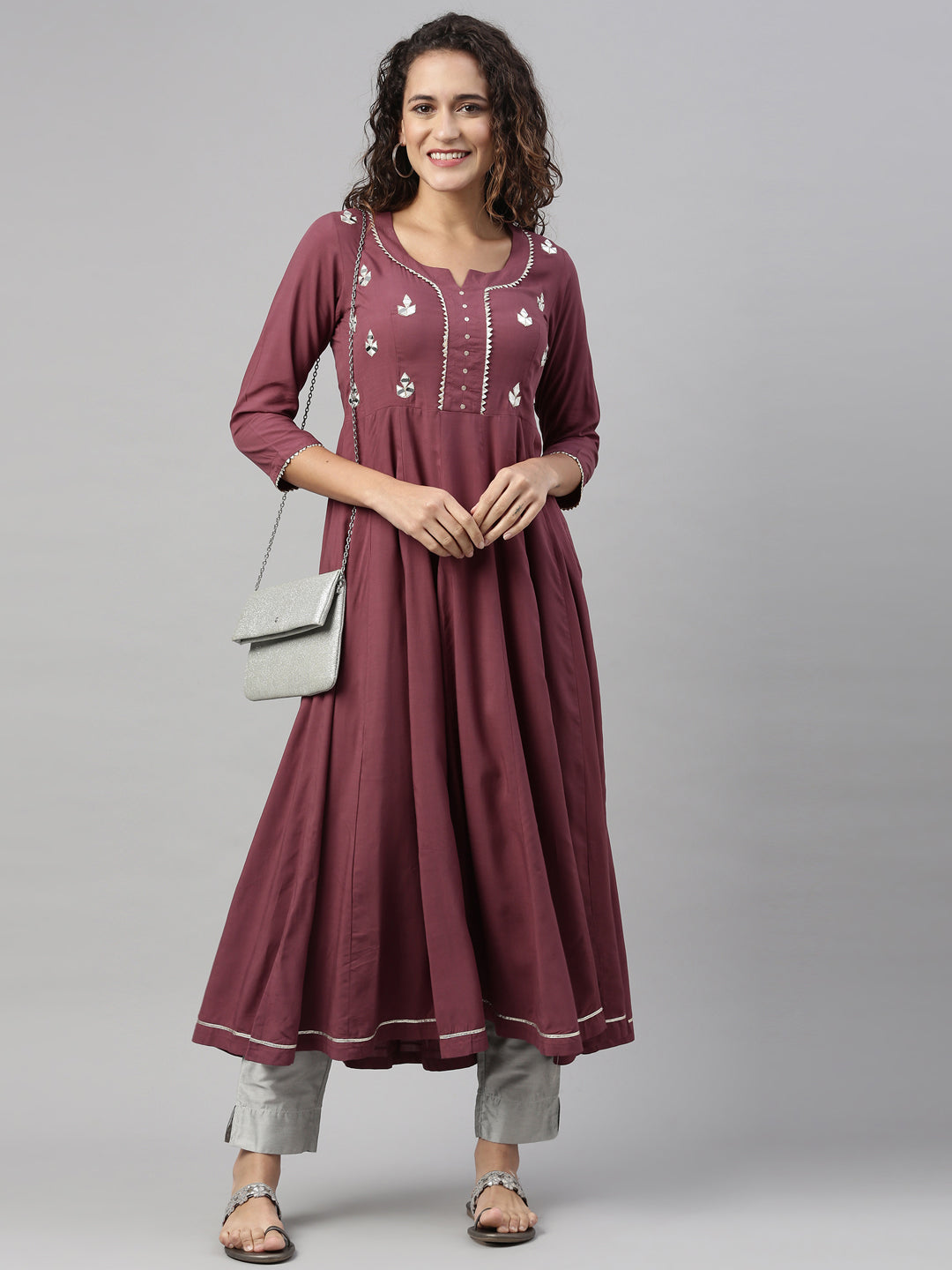 Neerus Maroon rayon mirror work kurti - detail view 1