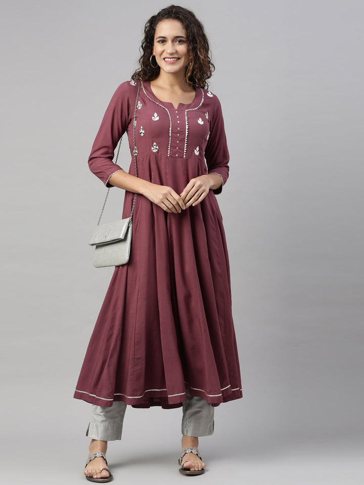 Neerus Maroon rayon mirror work kurti - detail view 1