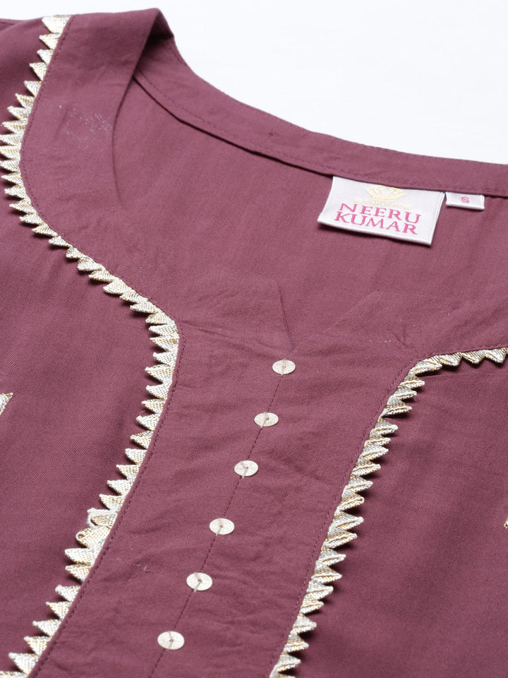 Neerus Maroon rayon mirror work kurti - detail view 2