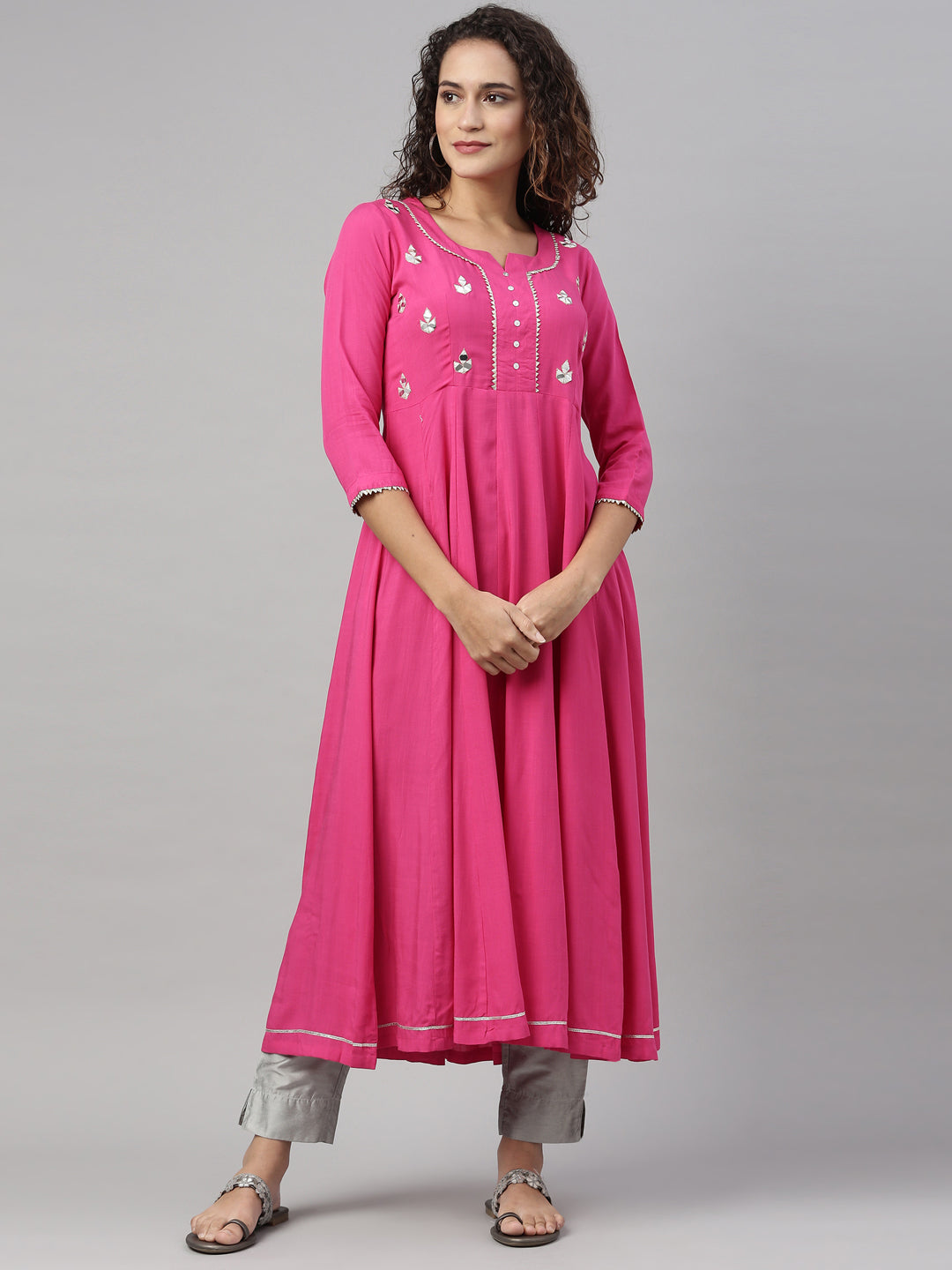 Neerus Pink rayon mirror work kurti - front view