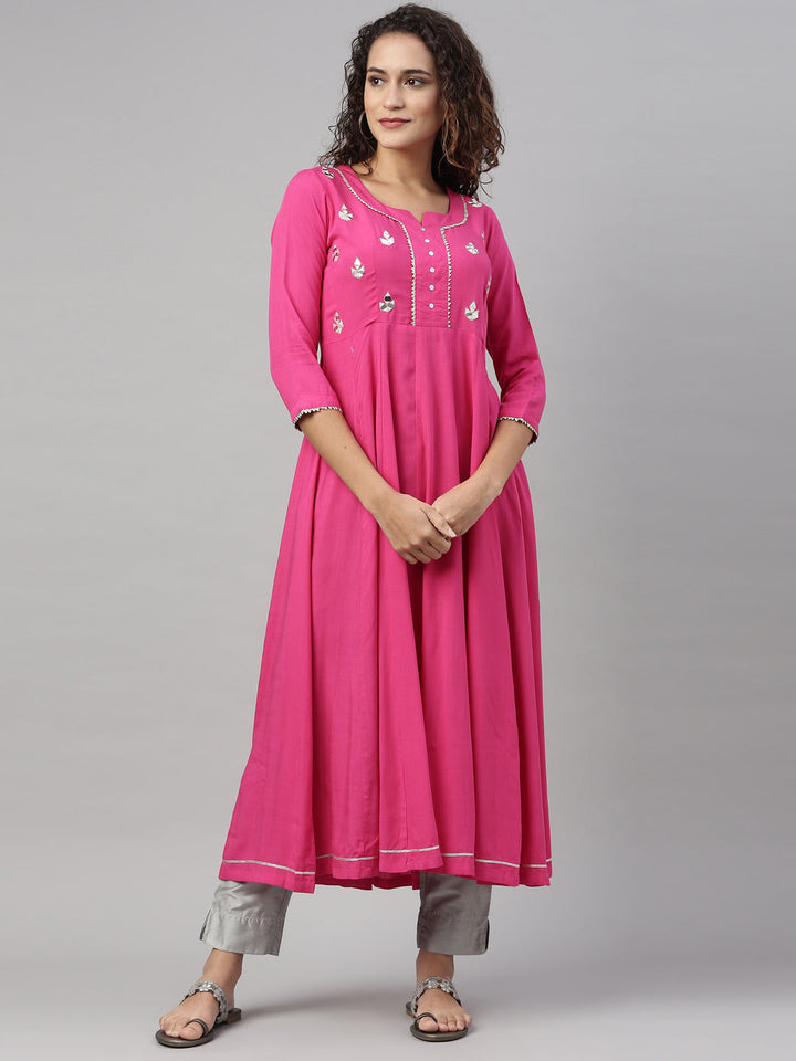 Neerus Pink rayon mirror work kurti - front view