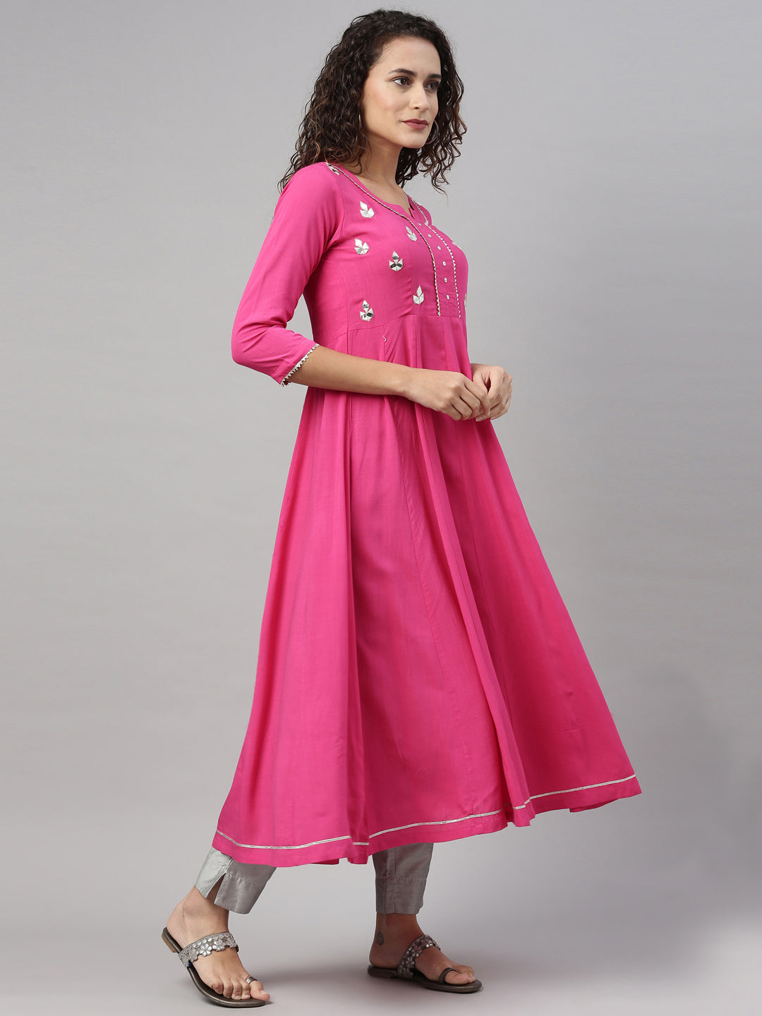 Neerus Pink rayon mirror work kurti - back view