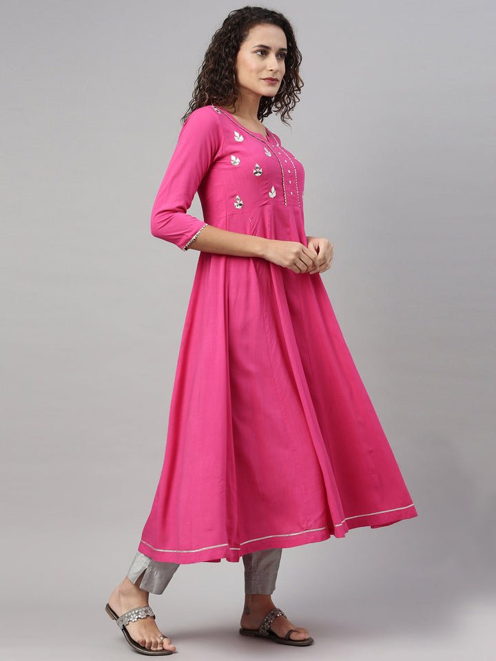 Neerus Pink rayon mirror work kurti - back view